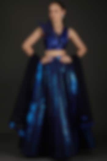 Blue Green Polymer Striped Bridal Lehenga Set by Amit Aggarwal at Pernia's Pop Up Shop