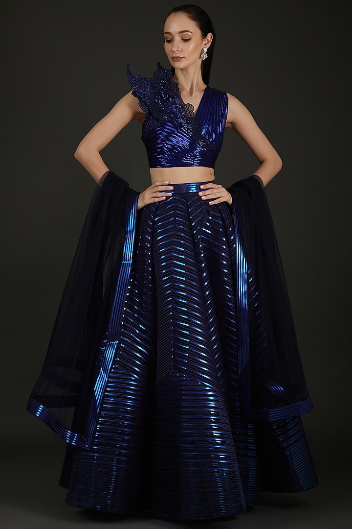 Blue Green Polymer Striped Bridal Lehenga Set by Amit Aggarwal at Pernia's Pop Up Shop