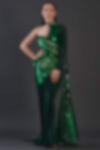 Green Crinkled Chiffon Gown by Amit Aggarwal