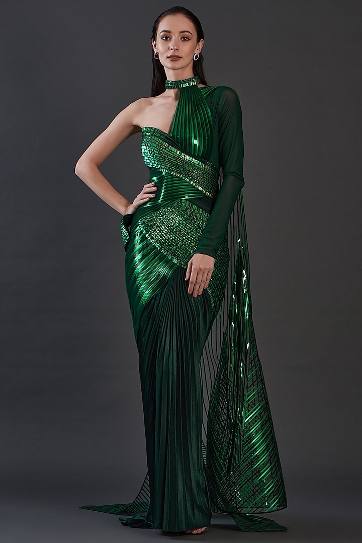 Green Crinkled Chiffon Gown by Amit Aggarwal