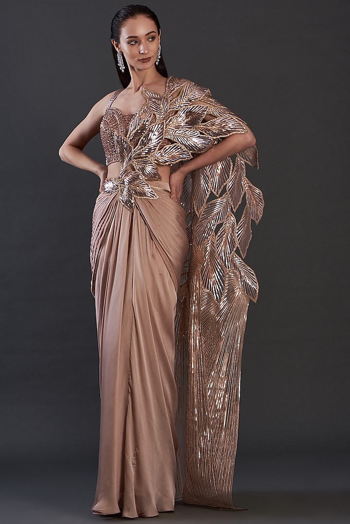 Blush Pink Striped & Tulle Saree Set by Amit Aggarwal