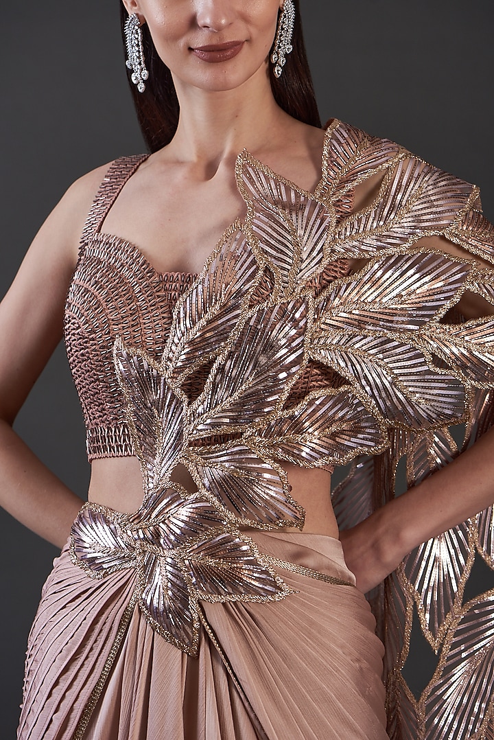 Blush Pink Striped & Tulle Bridal Saree Set by Amit Aggarwal at Pernia's Pop Up Shop
