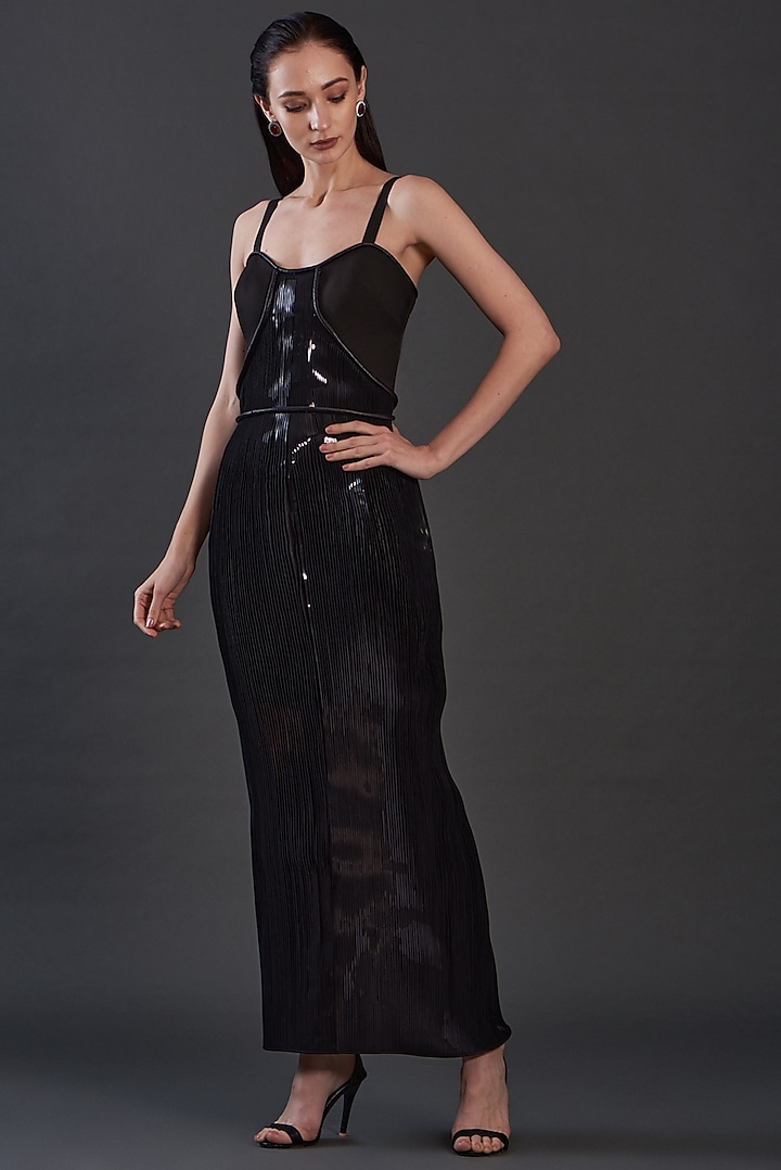 Black Cotton Satin Striped Gown by Amit Aggarwal
