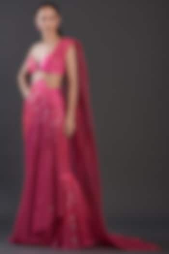 Pink Striped & Tulle Saree Set by Amit Aggarwal