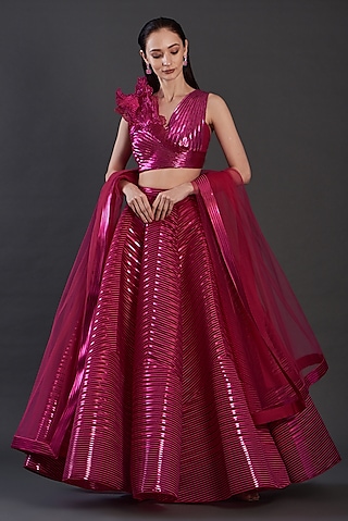 Fuchsia Polymer Striped Lehenga Set by Amit Aggarwal