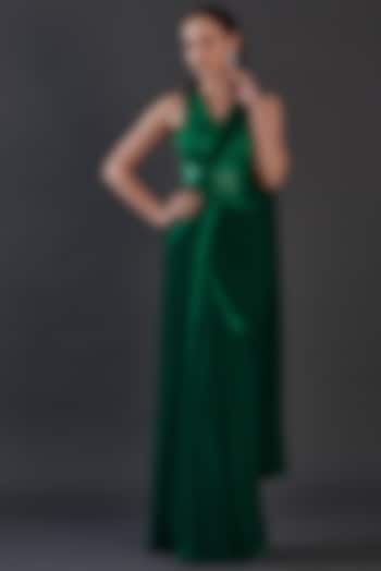Emerald Green Jersey & Organza Hand Embroidered Draped Gown by Amit Aggarwal