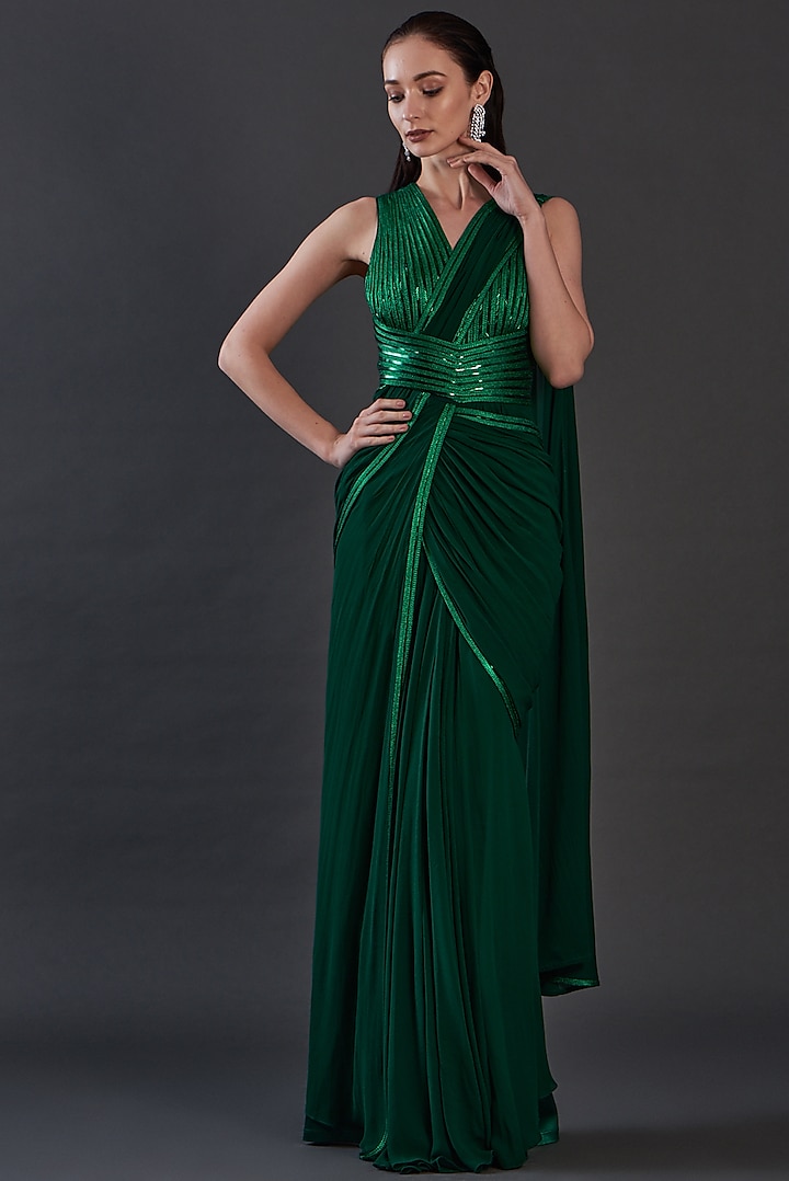 Emerald Green Jersey & Organza Hand Embroidered Draped Gown by Amit Aggarwal