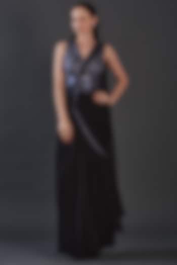 Black Jersey & Organza Hand Embroidered Draped Engagement Gown by Amit Aggarwal at Pernia's Pop Up Shop