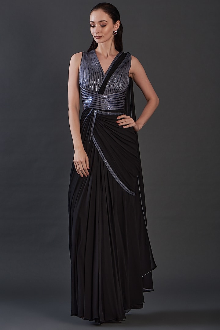 Black Jersey & Organza Hand Embroidered Draped Engagement Gown by Amit Aggarwal at Pernia's Pop Up Shop