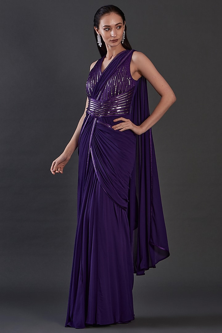 Blue Jersey & Organza Hand Embroidered Draped Gown by Amit Aggarwal