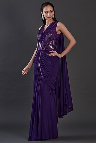Purple Jersey & Organza Hand Embroidered Draped Gown by Amit Aggarwal