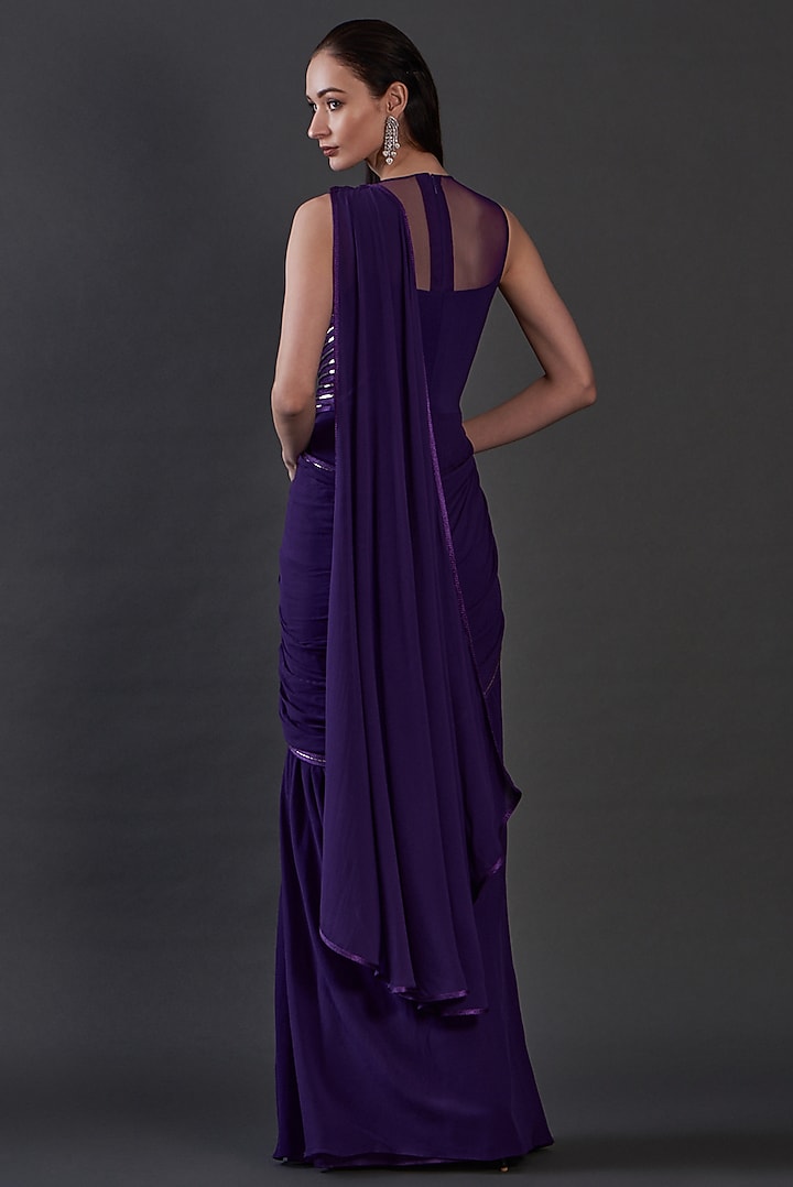 Purple Jersey & Organza Hand Embroidered Draped Engagement Gown by Amit Aggarwal at Pernia's Pop Up Shop