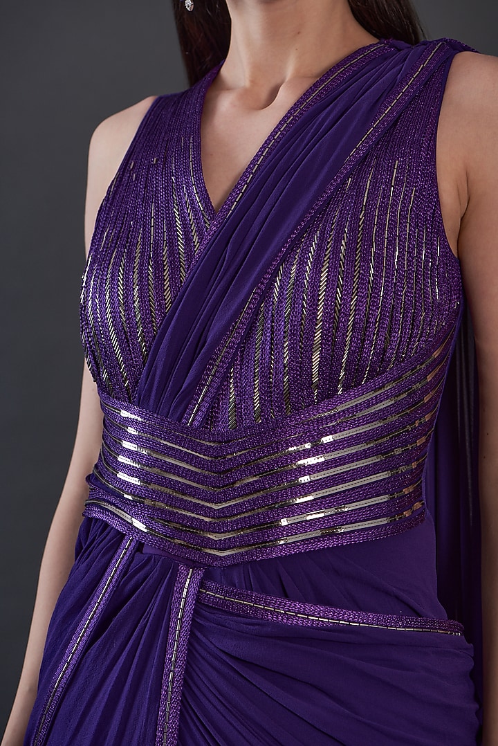 Purple Jersey & Organza Hand Embroidered Draped Engagement Gown by Amit Aggarwal at Pernia's Pop Up Shop