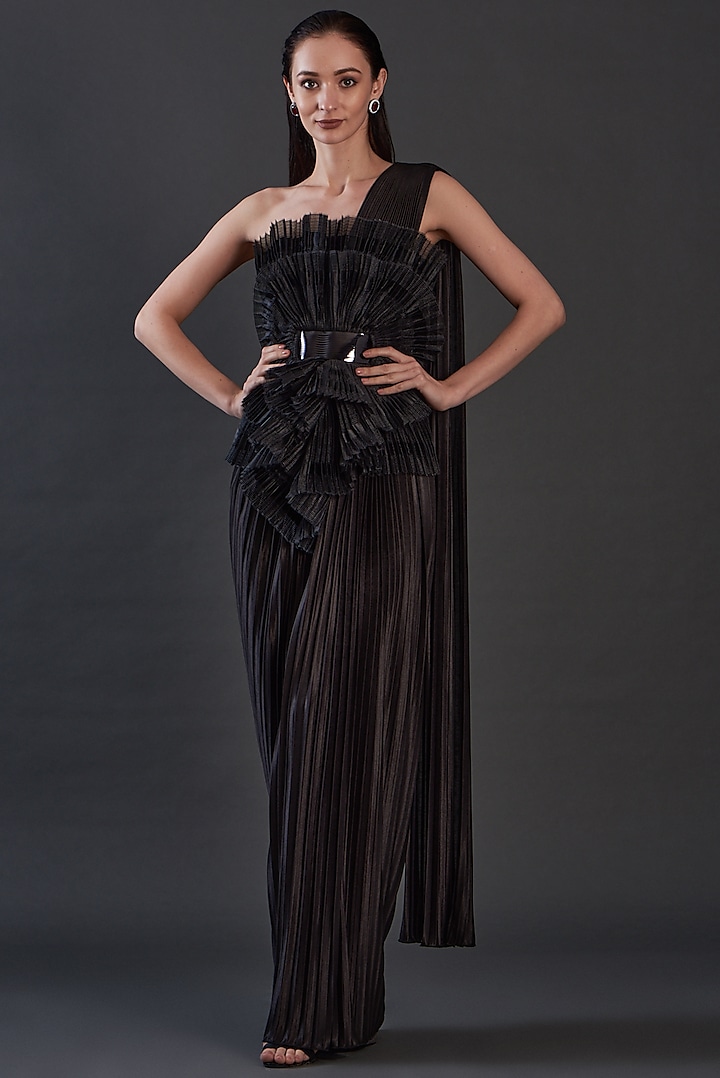 Black Jersey & Organza Hand Embroidered Draped Gown by Amit Aggarwal