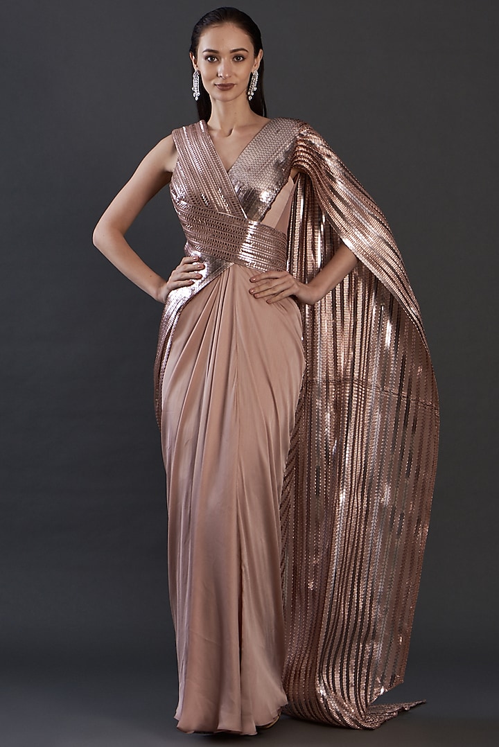 Blush Pink Crinkled Chiffon & Satin Lycra Gown by Amit Aggarwal