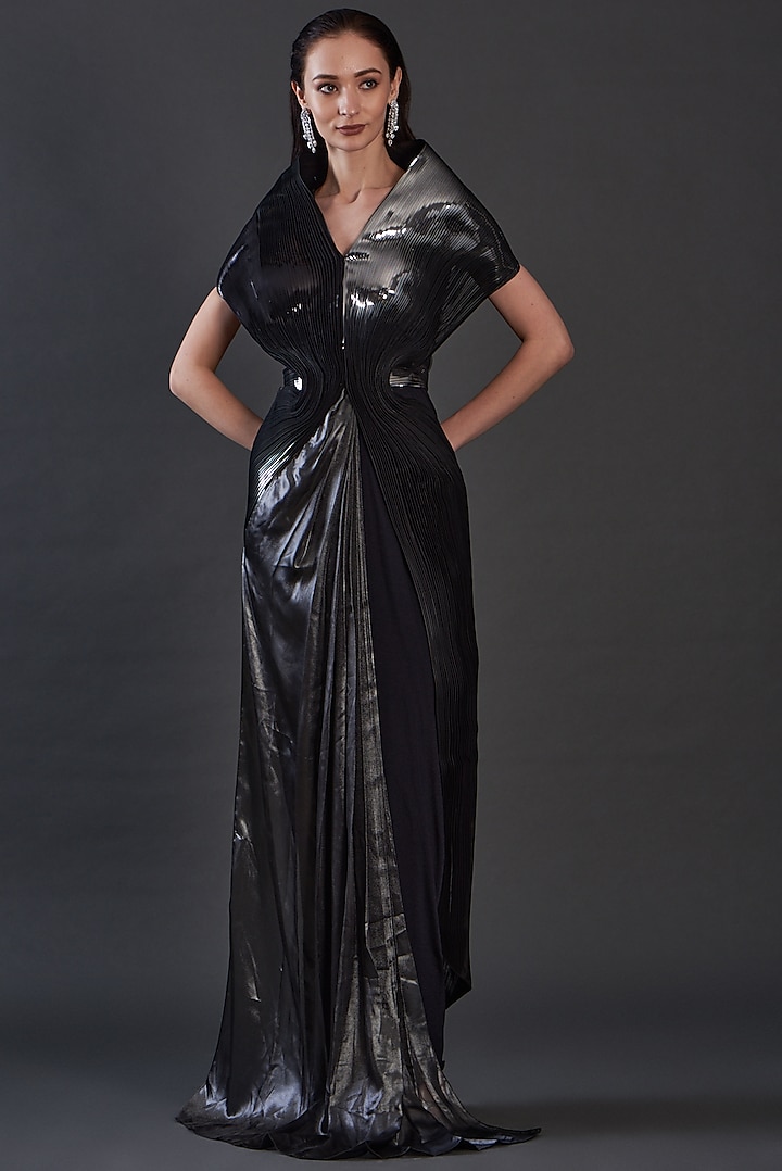 Black Crinkled Chiffon Gown by Amit Aggarwal