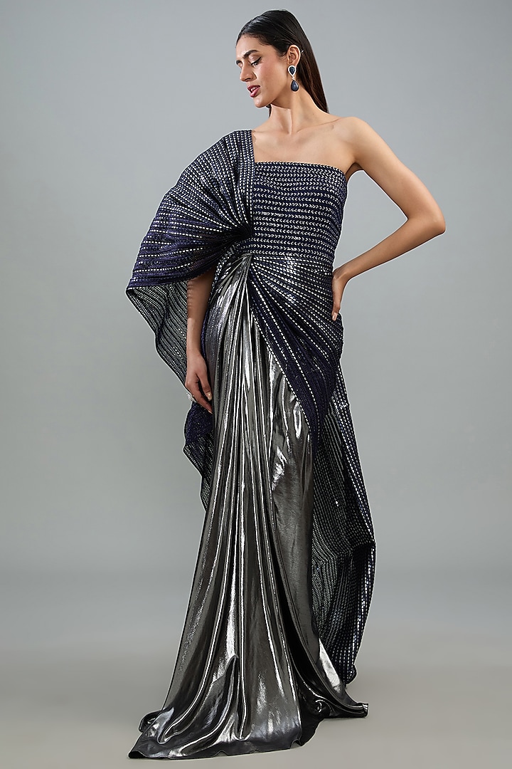 Navy Blue Metallic Polymer & Crepe Chiffon Gown by Amit Aggarwal