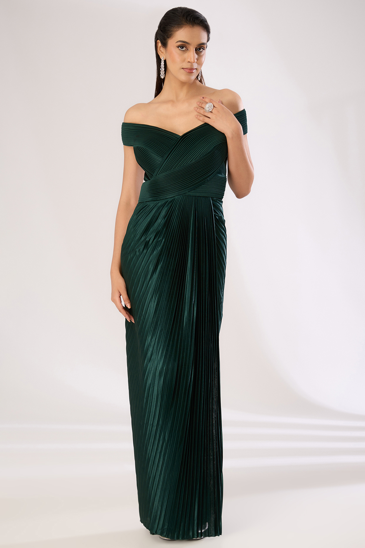 Emerald Green Metallic Polymer Engagement Gown by Amit Aggarwal at Pernia's Pop Up Shop