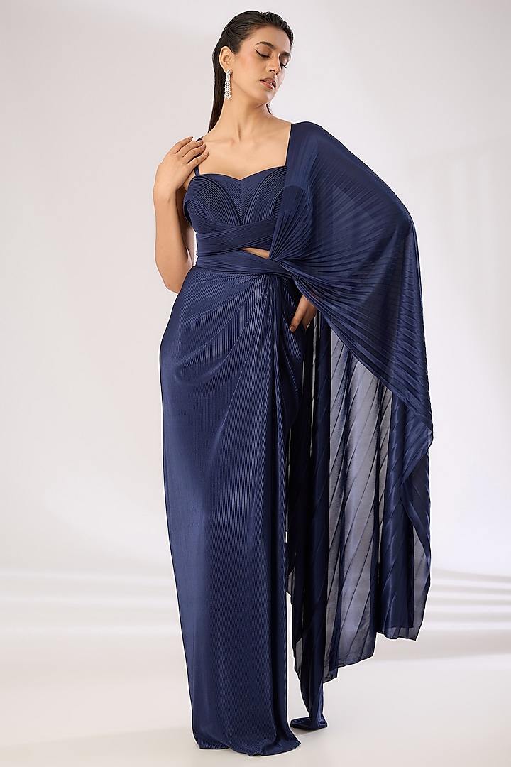 Ink Blue Metallic Polymer Draped Skirt Reception Saree Set by Amit Aggarwal at Pernia's Pop Up Shop