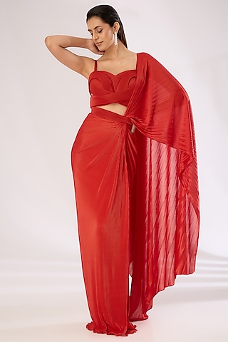 Red Metallic Polymer Draped Skirt Saree Set by Amit Aggarwal