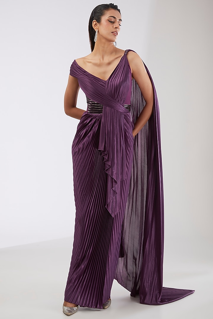 Berry Colored Crepe Chiffon & Metallic Polymer Reception Saree by Amit Aggarwal at Pernia's Pop Up Shop