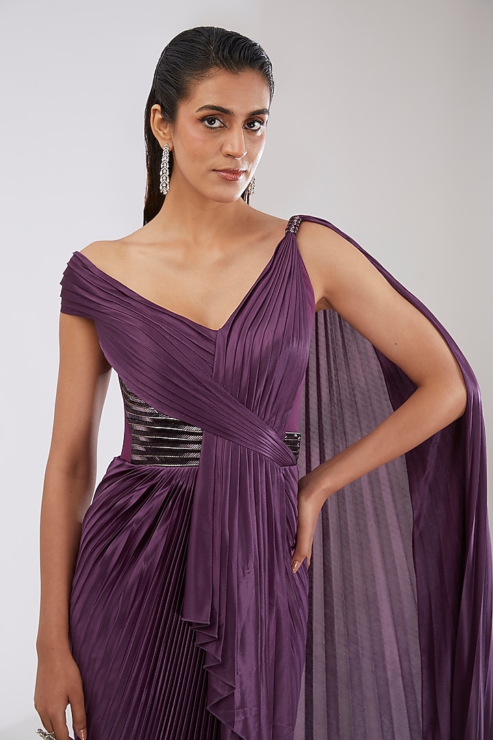 Berry Colored Crepe Chiffon & Metallic Polymer Reception Saree by Amit Aggarwal at Pernia's Pop Up Shop