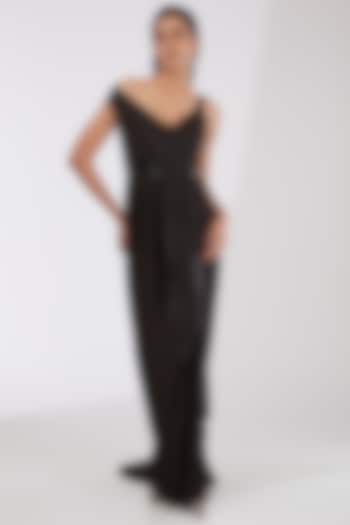Black Crepe Chiffon & Metallic Polymer Jumpsuit by Amit Aggarwal at Pernia's Pop Up Shop