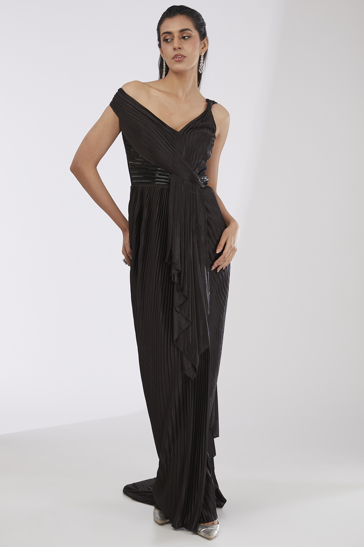Black Crepe Chiffon & Metallic Polymer Jumpsuit by Amit Aggarwal at Pernia's Pop Up Shop