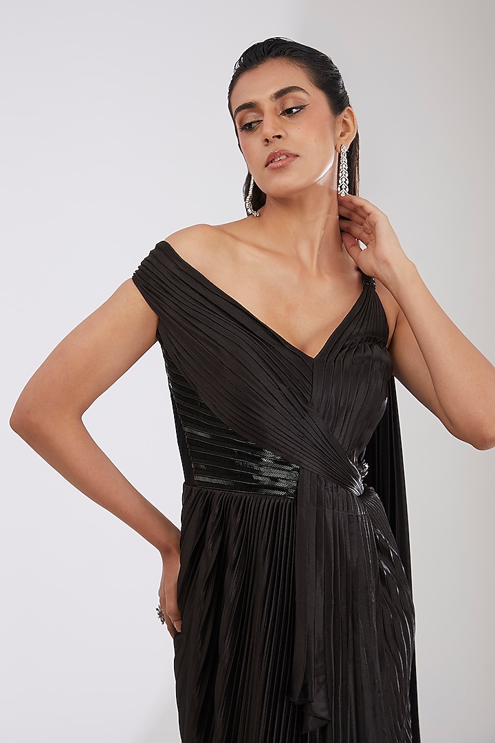 Black Crepe Chiffon & Metallic Polymer Jumpsuit by Amit Aggarwal at Pernia's Pop Up Shop