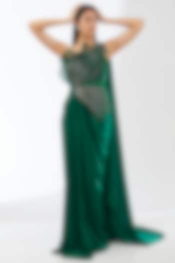 Emerald Satin Chiffon Reception Gown Saree by Amit Aggarwal at Pernia's Pop Up Shop