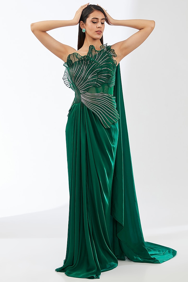 Emerald Satin Chiffon Reception Gown Saree by Amit Aggarwal at Pernia's Pop Up Shop