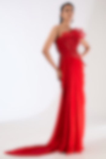 Red Satin Chiffon Wedding Gown by Amit Aggarwal at Pernia's Pop Up Shop