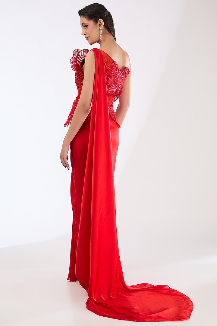 Red Satin Chiffon Wedding Gown by Amit Aggarwal at Pernia's Pop Up Shop