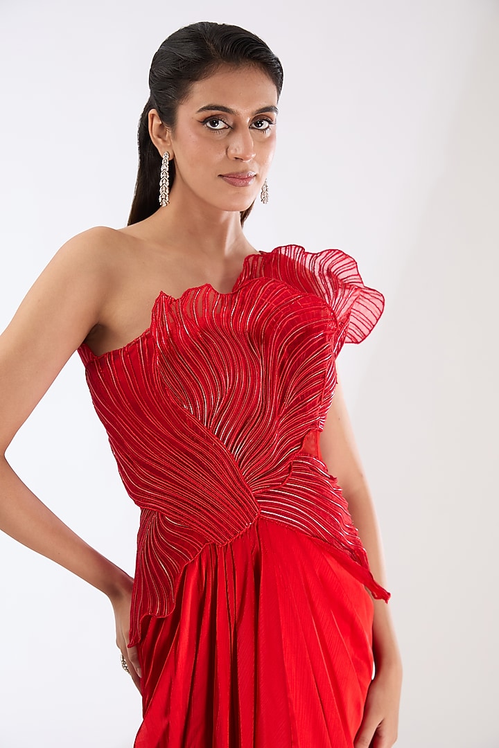 Red Satin Chiffon Wedding Gown by Amit Aggarwal at Pernia's Pop Up Shop