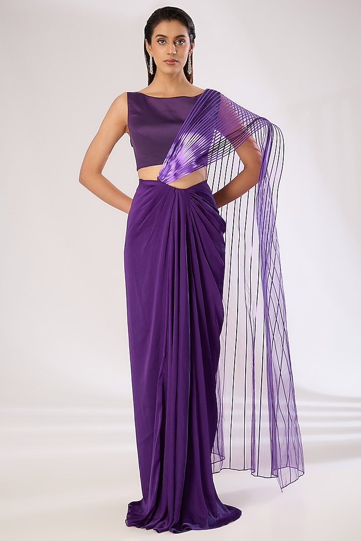 Purple Metallic Polymer Draped Skirt Wedding Saree Set by Amit Aggarwal at Pernia's Pop Up Shop