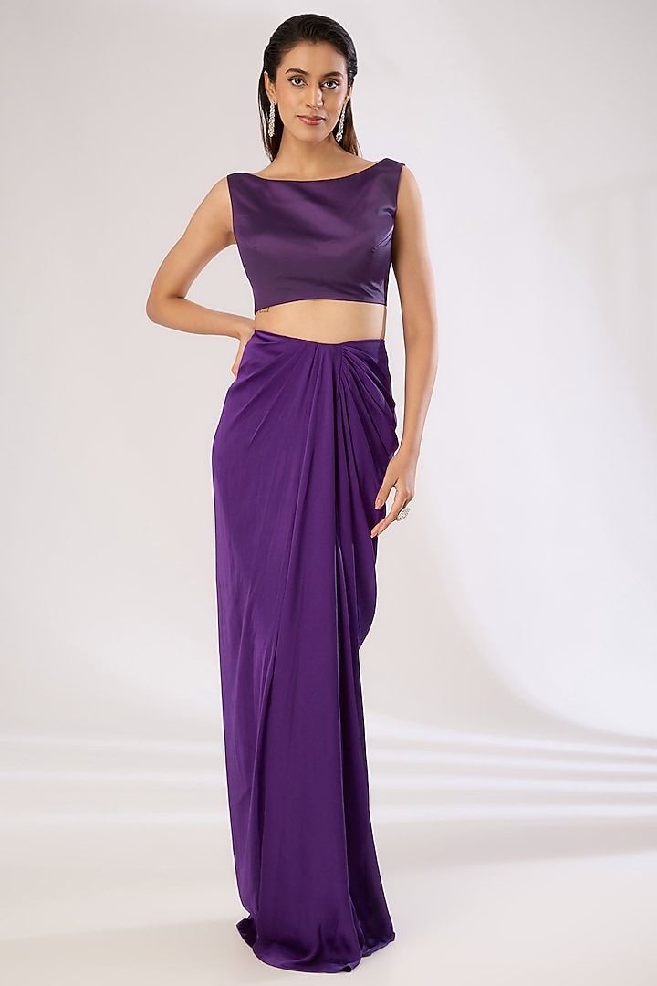 Purple Metallic Polymer Draped Skirt Wedding Saree Set by Amit Aggarwal at Pernia's Pop Up Shop