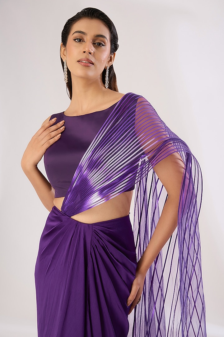 Purple Metallic Polymer Draped Skirt Wedding Saree Set by Amit Aggarwal at Pernia's Pop Up Shop