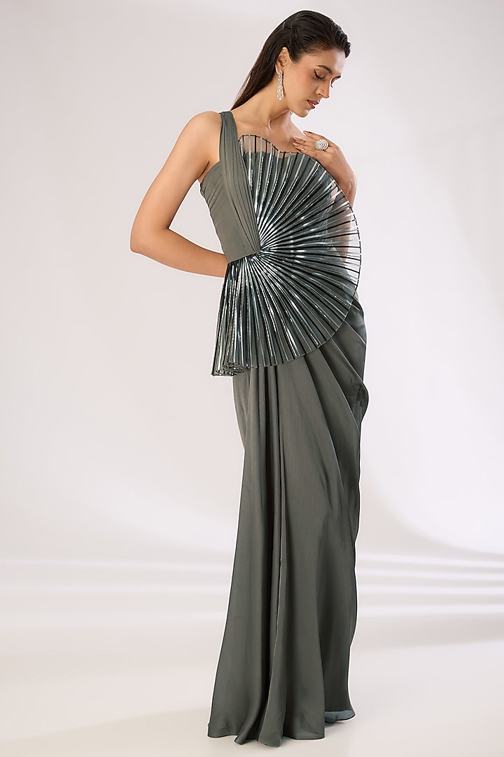 Charcoal Metallic Polymer Engagement Gown by Amit Aggarwal at Pernia's Pop Up Shop