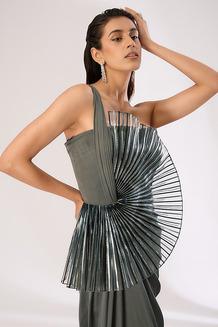 Charcoal Metallic Polymer Wedding Gown by Amit Aggarwal at Pernia's Pop Up Shop
