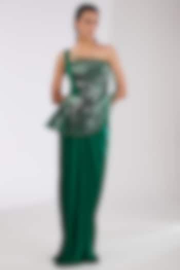 Emerald Green Crepe Chiffon & Metallic Polymer Engagement Gown by Amit Aggarwal at Pernia's Pop Up Shop