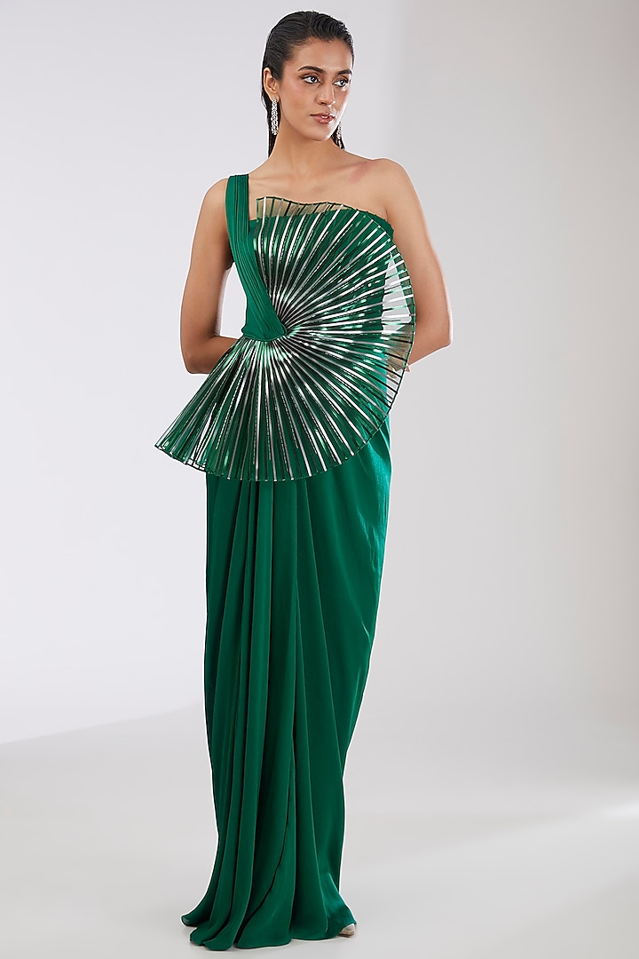 Emerald Green Crepe Chiffon & Metallic Polymer Engagement Gown by Amit Aggarwal at Pernia's Pop Up Shop