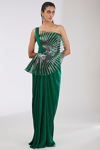 Emerald Green Crepe Chiffon & Metallic Polymer Gown by Amit Aggarwal