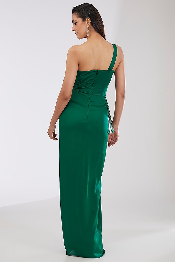 Emerald Green Crepe Chiffon & Metallic Polymer Wedding Gown by Amit Aggarwal at Pernia's Pop Up Shop