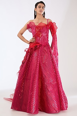 Fuchsia Metallic Stripe Draped Gown by Amit Aggarwal