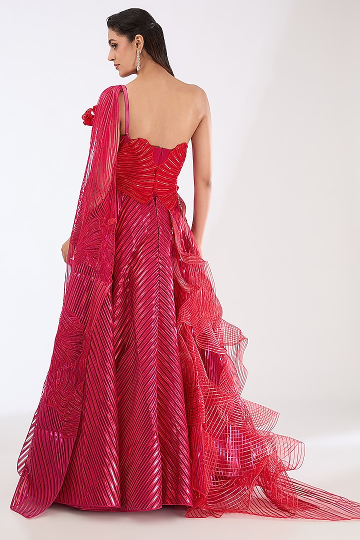 Fuchsia Metallic Stripe Draped Bridal Gown by Amit Aggarwal at Pernia's Pop Up Shop