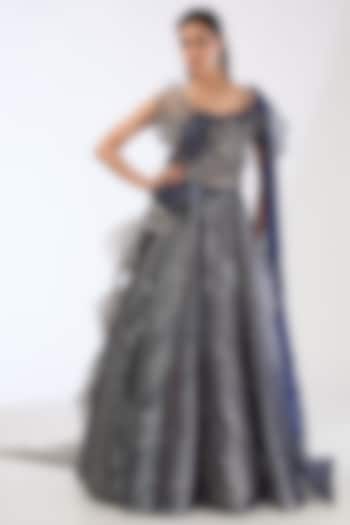 Ink Blue Metallic Stripe Draped Bridal Gown by Amit Aggarwal at Pernia's Pop Up Shop