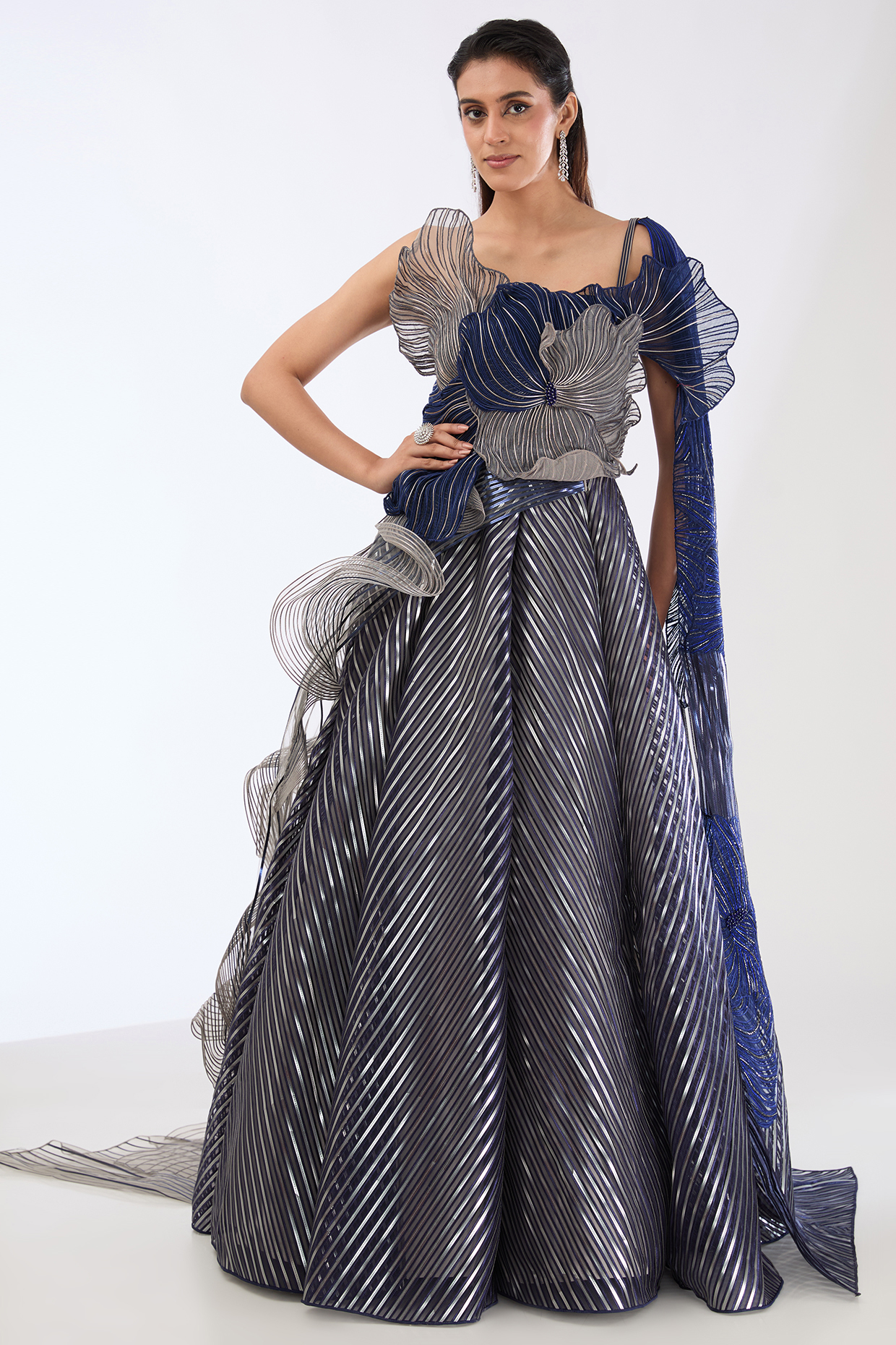 Ink Blue Metallic Stripe Draped Bridal Gown by Amit Aggarwal at Pernia's Pop Up Shop