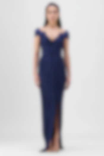 Ink Blue Metallic Pleated Bridal Gown by Amit Aggarwal at Pernia's Pop Up Shop