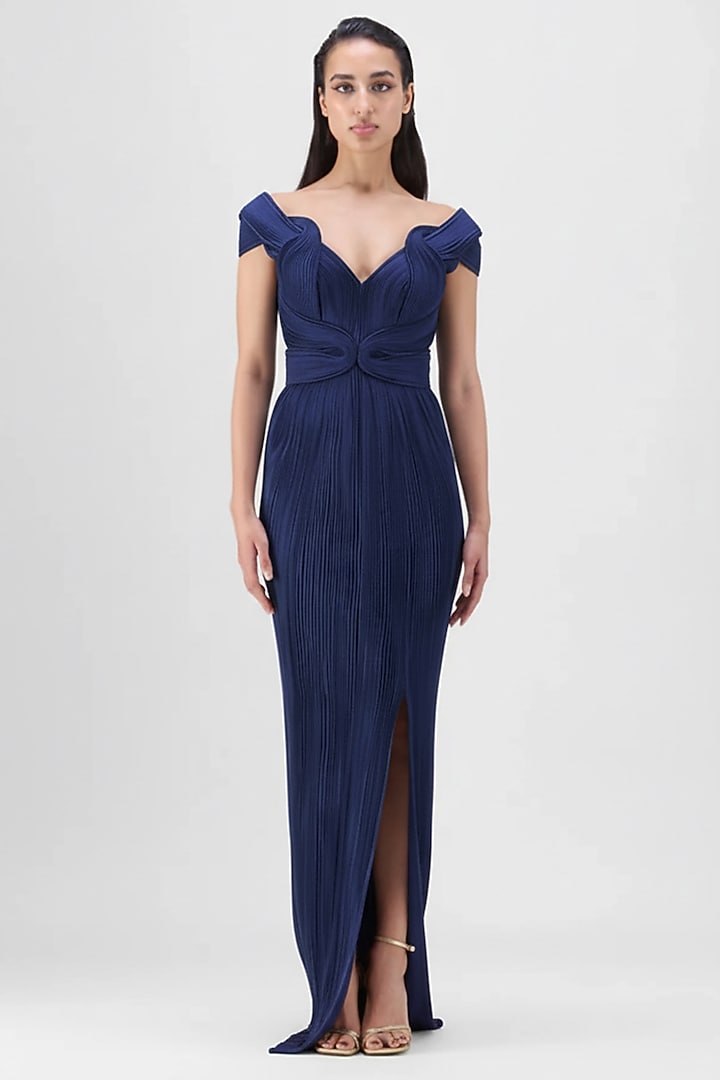 Ink Blue Metallic Pleated Bridal Gown by Amit Aggarwal at Pernia's Pop Up Shop