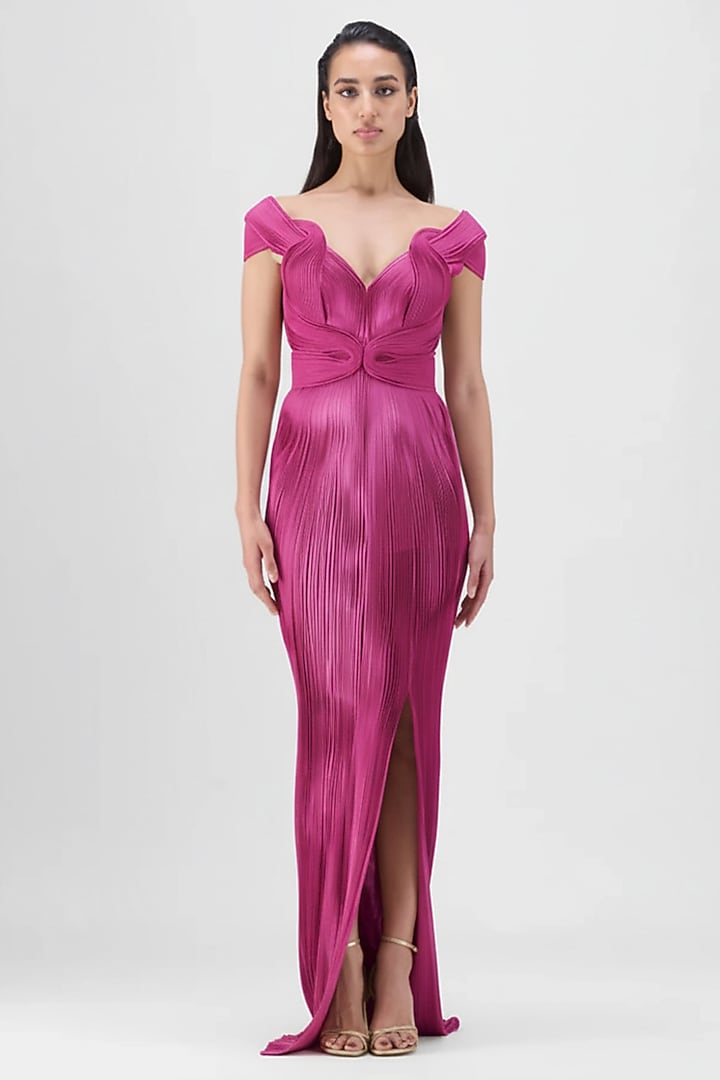 Fuchsia Metallic Pleated Bridal Gown by Amit Aggarwal at Pernia's Pop Up Shop